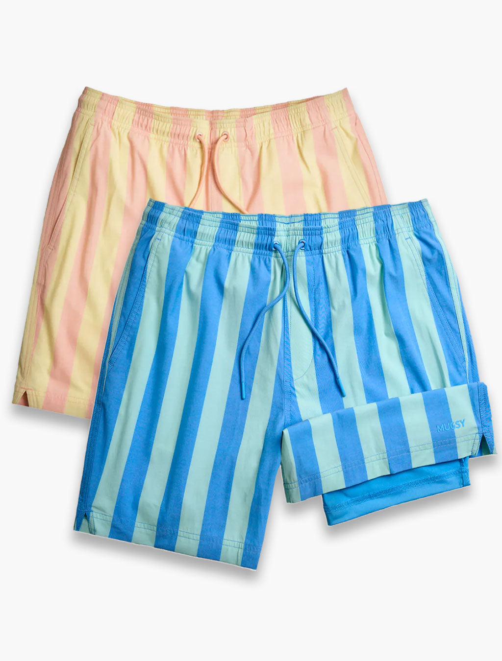 Flat lay of Party Pack 2 pack swim shorts with vertical stripes and drawstring elastic waist on white background