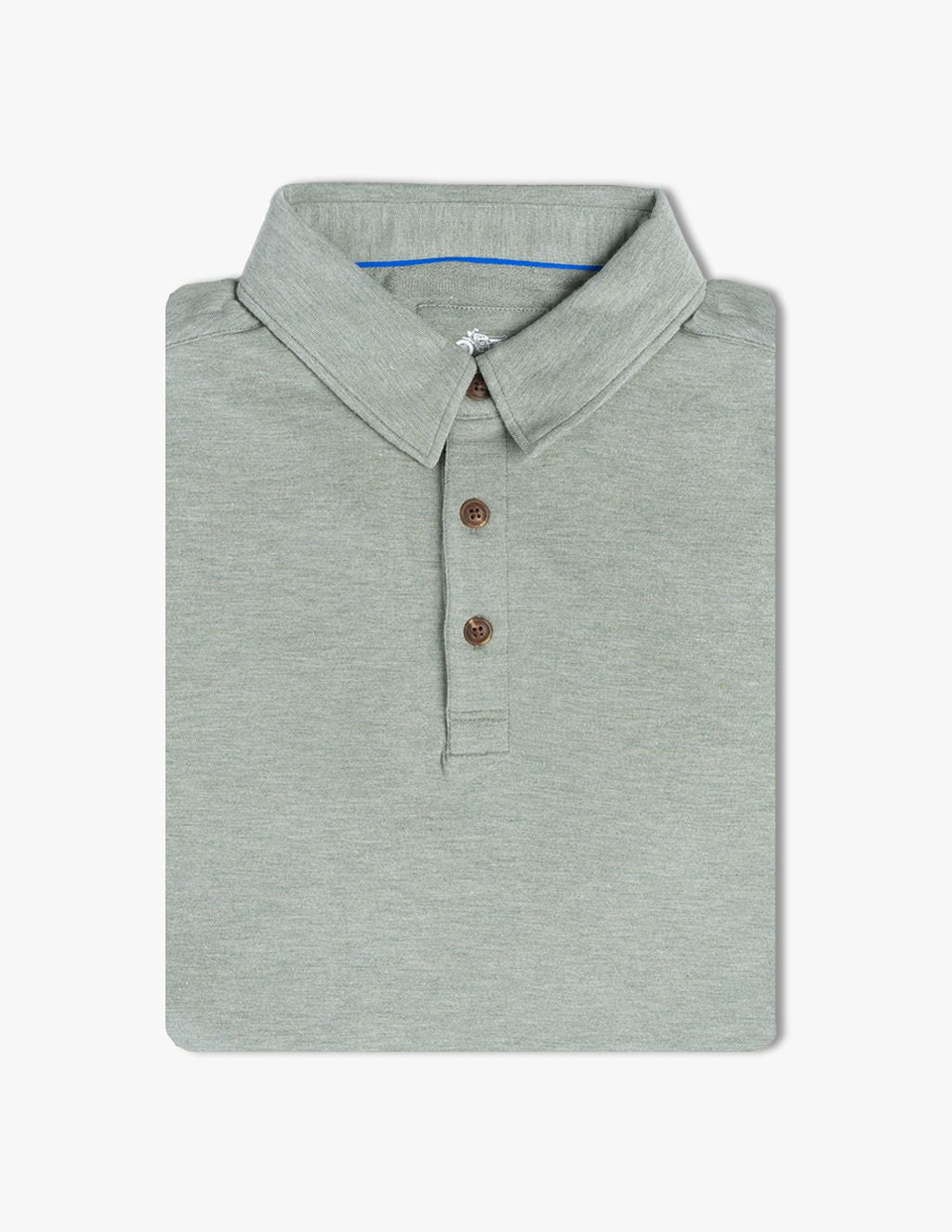 Washed green polo shirt with a collar and short sleeves.
