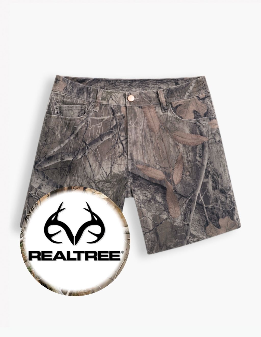 Front flat-lay of Realtree Edge jorts showcasing Realtree camo print and five-pocket design on white background