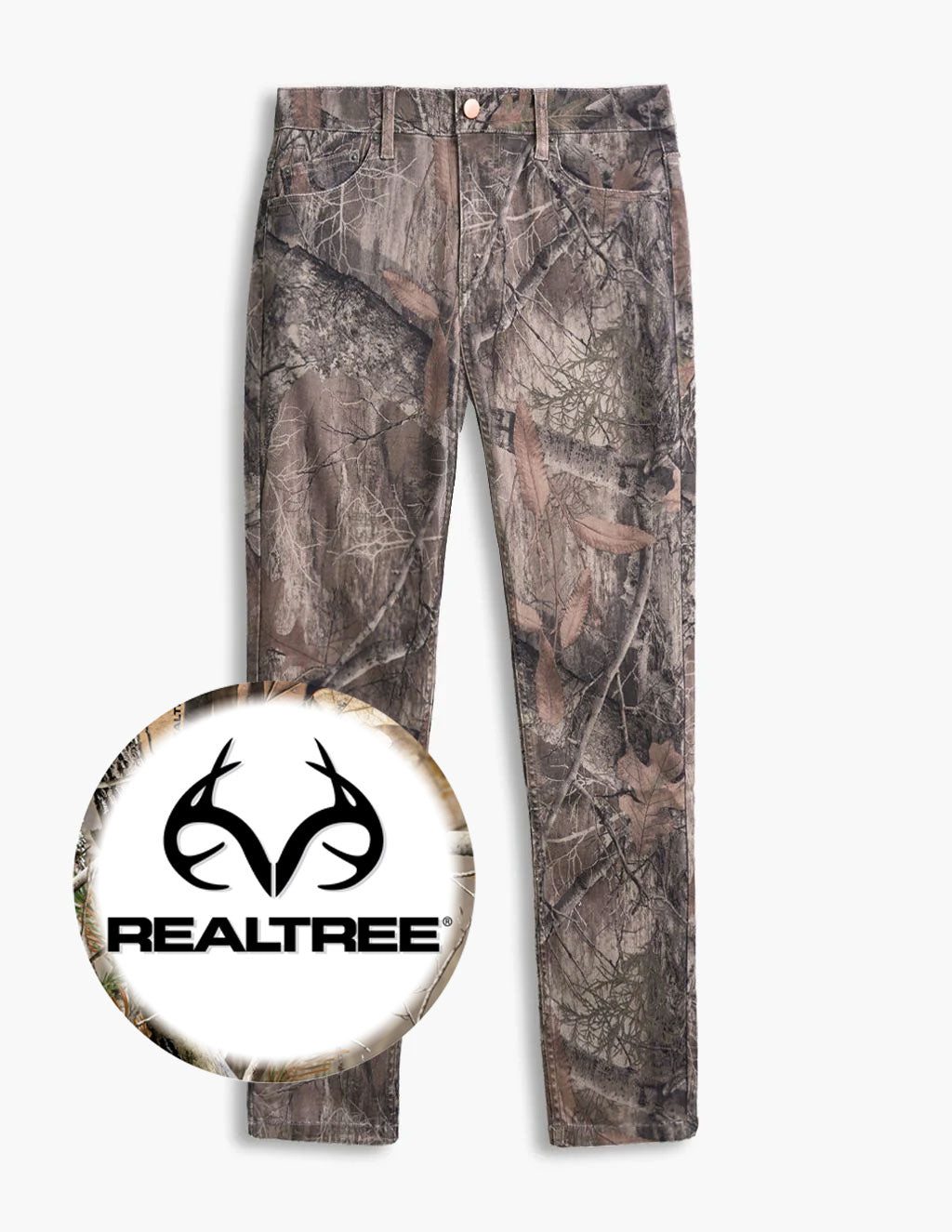 Camouflage straight-leg pants with a circular badge showing the antler logo and the word RELATREE.