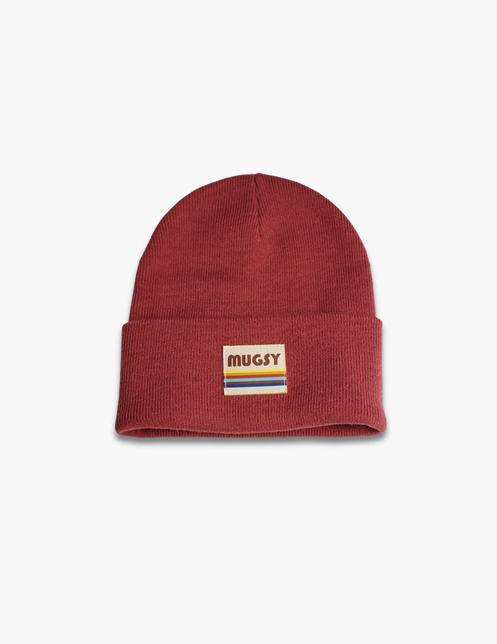 Maroon knit cuffed beanie with a patch reading MUGSY and horizontal yellow, orange and blue stripes