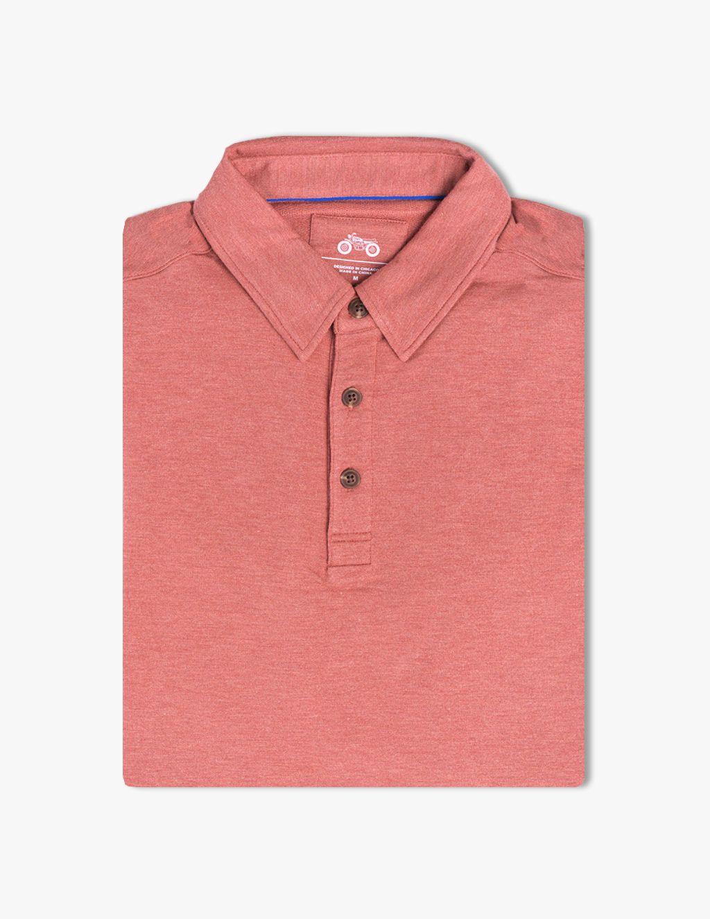 Washed red polo shirt with a collar and short sleeves.