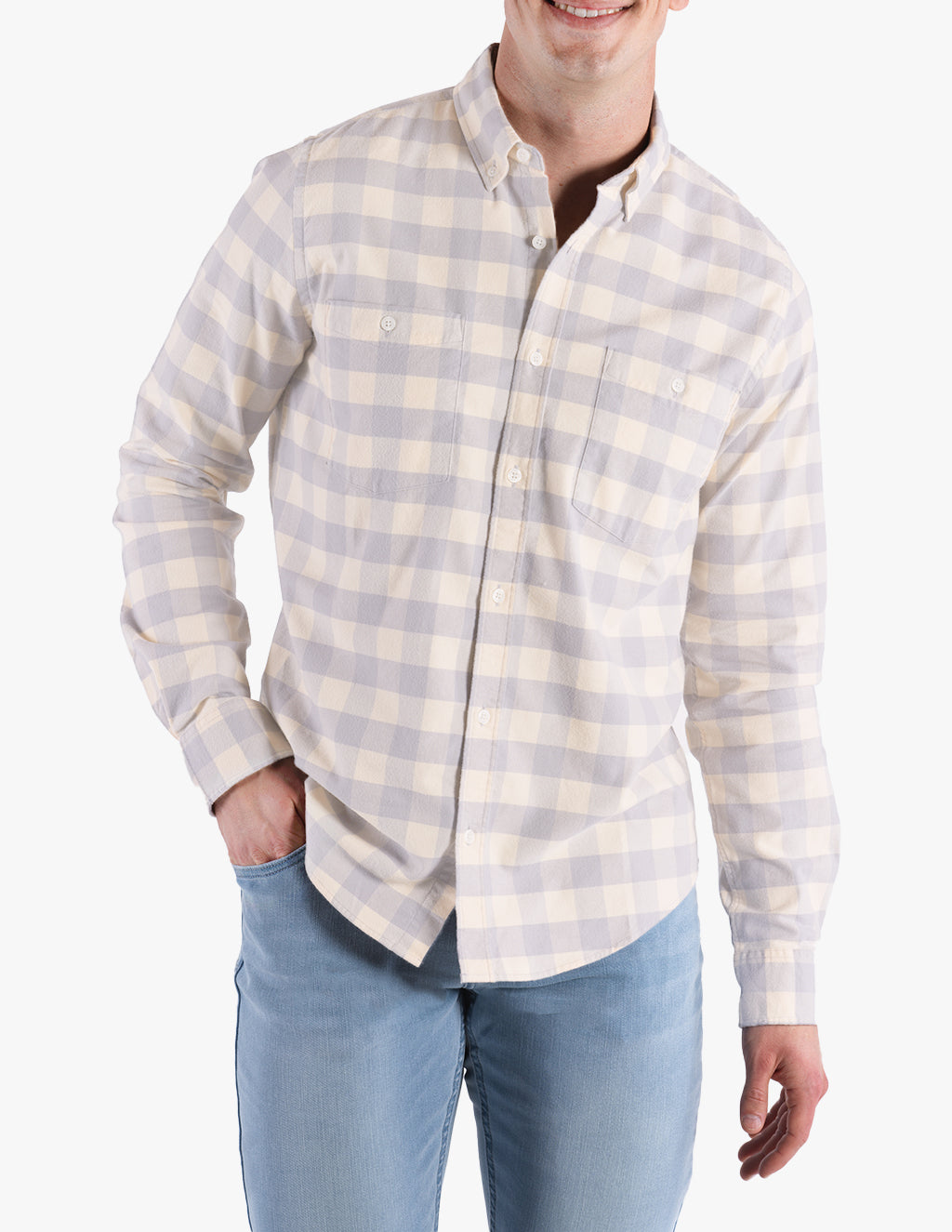 Model wearing a lavender and cream plaid Marbellas lightweight flannel shirt.
