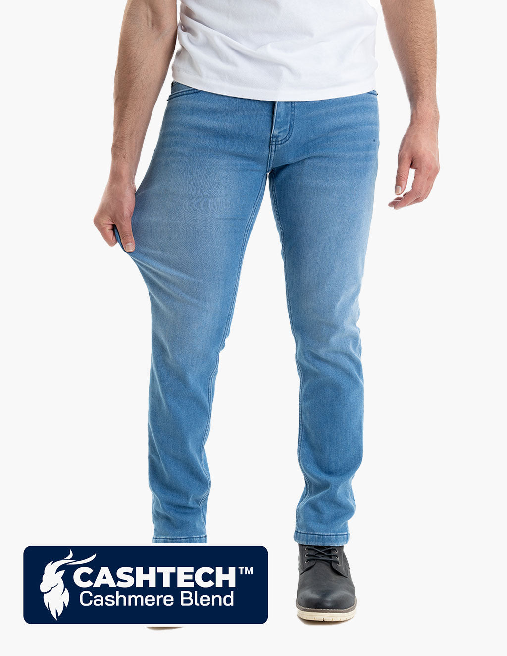 Model wearing CASHTECH™ Cashmere Blend jeans in light blue.