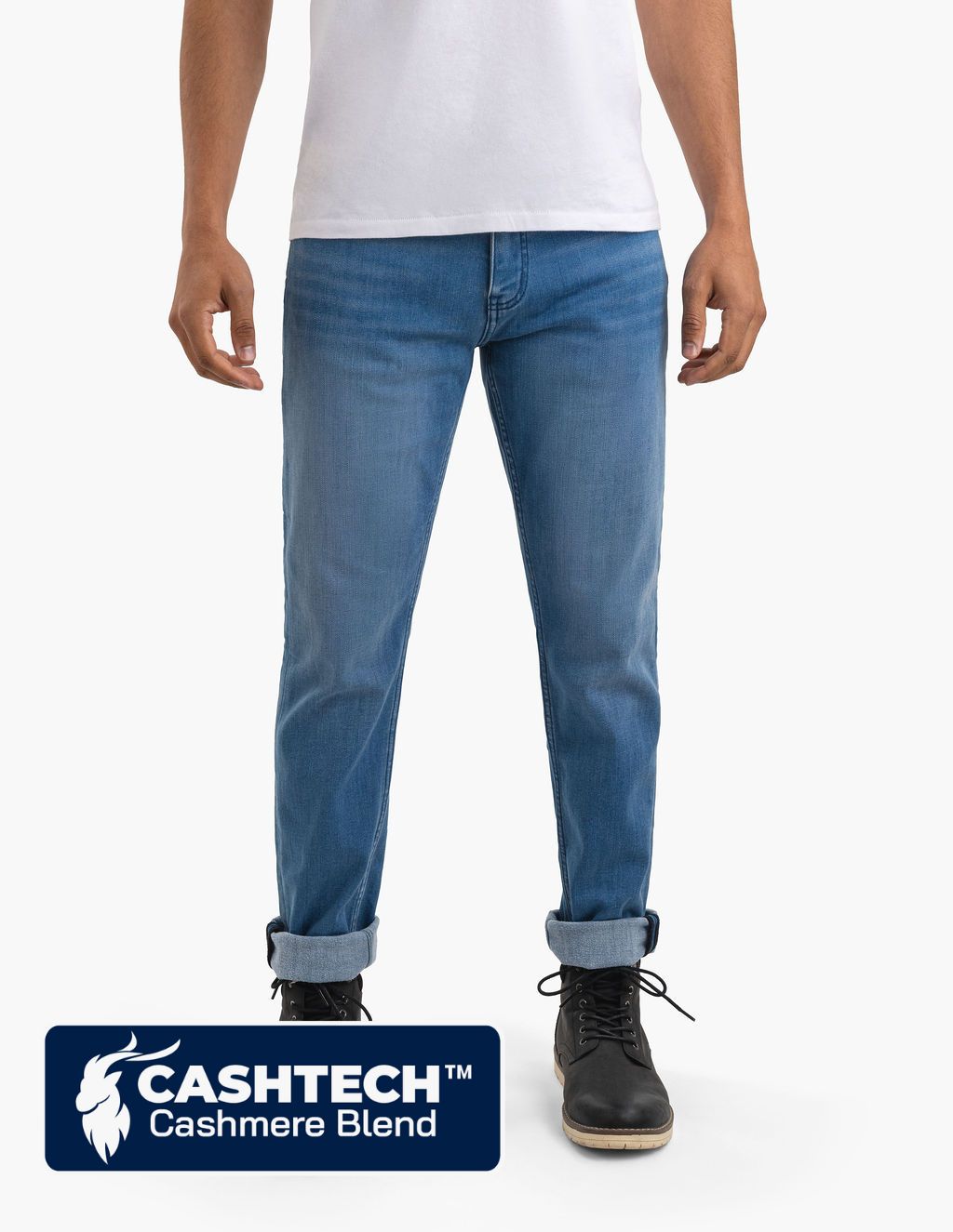 Men's light-blue jeans with rolled cuffs and black lace-up boots; overlay label reads CASHTECH™ Cashmere Blend.