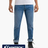 Men's light-blue jeans with rolled cuffs and black lace-up boots; overlay label reads CASHTECH™ Cashmere Blend.