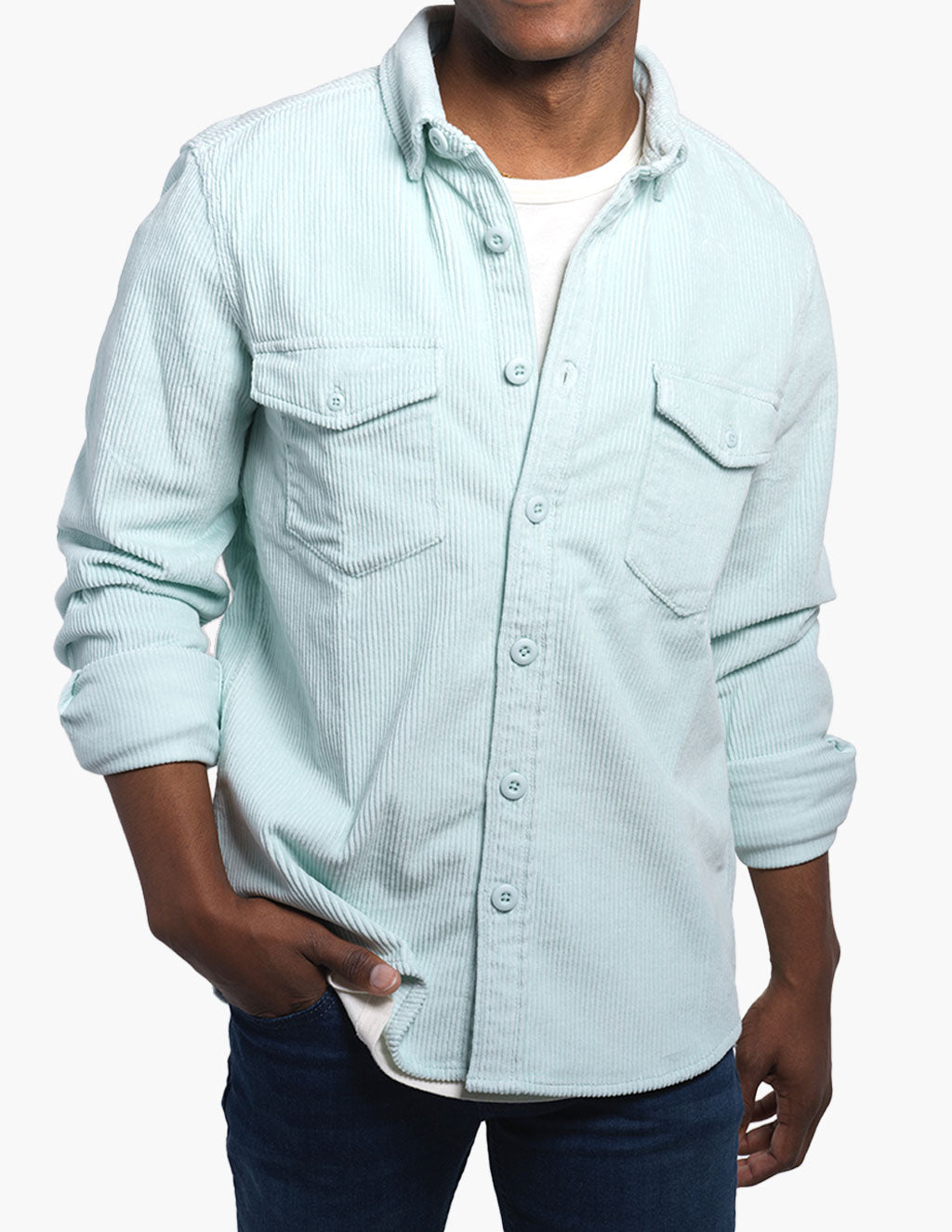 Light green corduroy utility shirt with two chest pockets