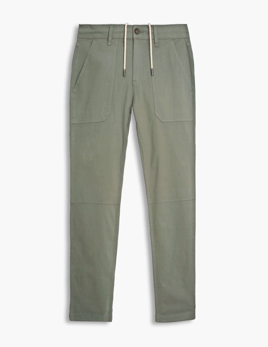 Seagrass green tapered men's drawstring pants, front view with large patch pockets
