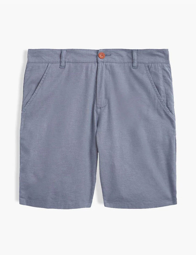 Gray shorts with a brown button and side pockets, laid flat on a white background