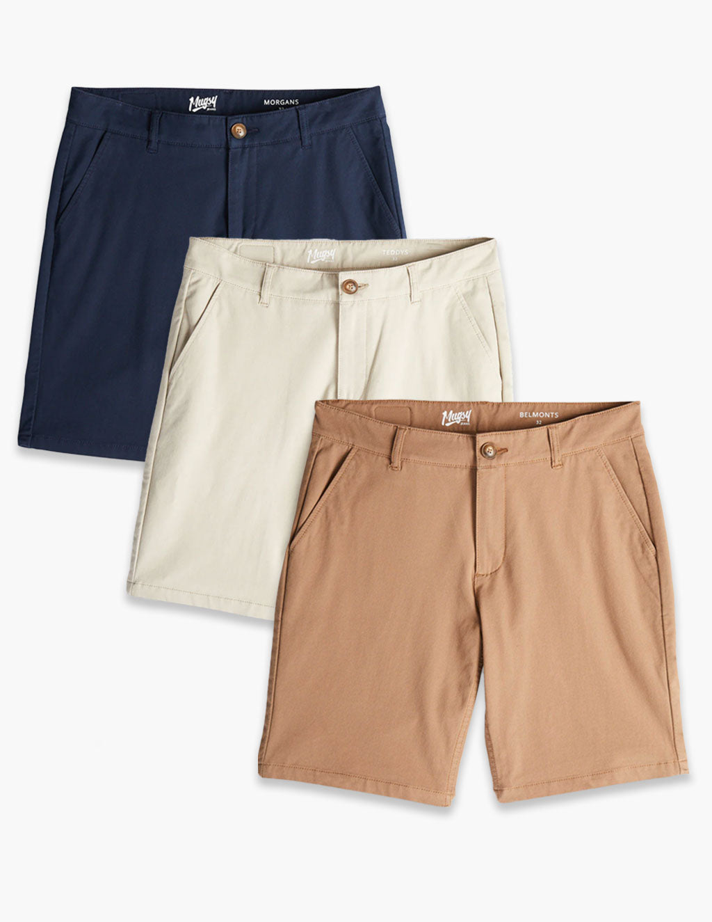 Flat lay of three Chino Shorts (navy, cream, tan) showcasing front waist, button, and side pockets on a white background