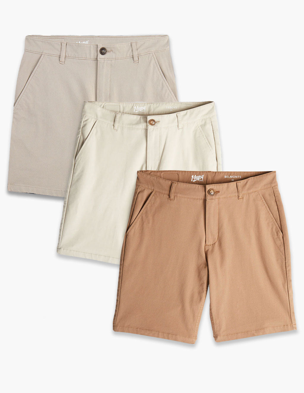 Front view of three khaki chino shorts in beige, cream, and tan showing button waist, belt loops, and side pockets on white background