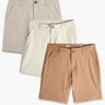 Front view of three khaki chino shorts in beige, cream, and tan showing button waist, belt loops, and side pockets on white background