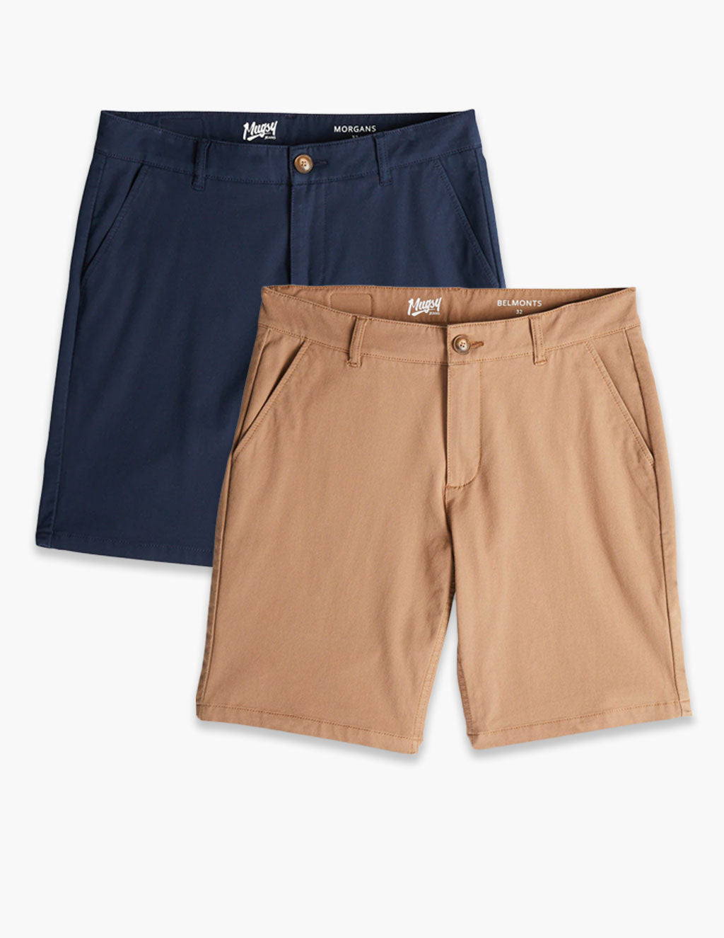 Flat lay of Chino Shorts 2-pack in navy and khaki, front view showing button closures and slanted side pockets on white background