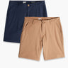 Flat lay of Chino Shorts 2-pack in navy and khaki, front view showing button closures and slanted side pockets on white background