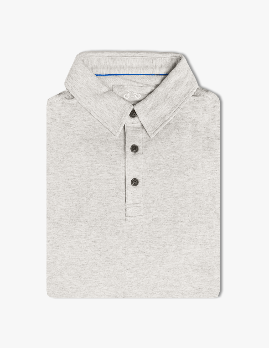 Light gray folded polo shirt with three dark buttons and a collar, photographed from above on a white background.