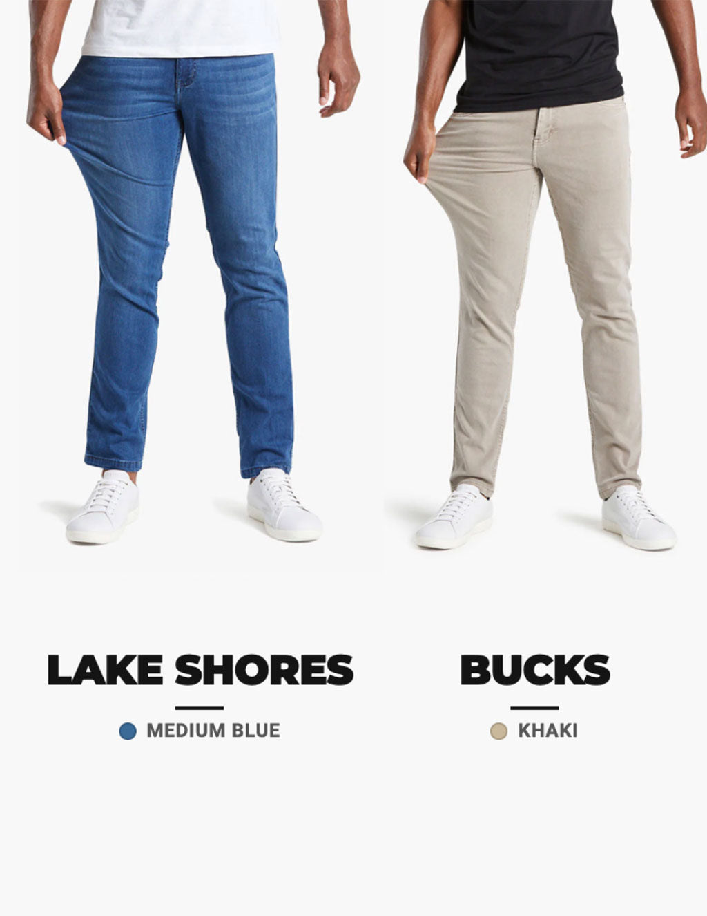 Front view of Versatile 2-pack jeans showing medium blue Lake Shores and khaki Bucks slim-fit styles on white background