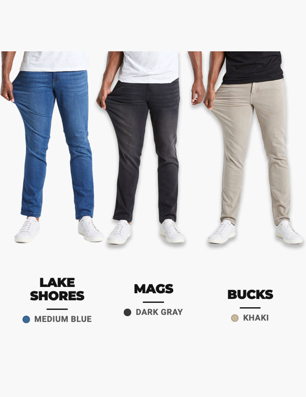 Front view of Versatile 3-Pack jeans showing stretch in three colors: Lake Shores medium blue, Mags dark gray, Bucks khaki
