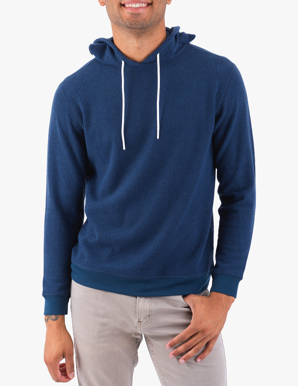 Model wearing a navy Nautics waffle hoodie