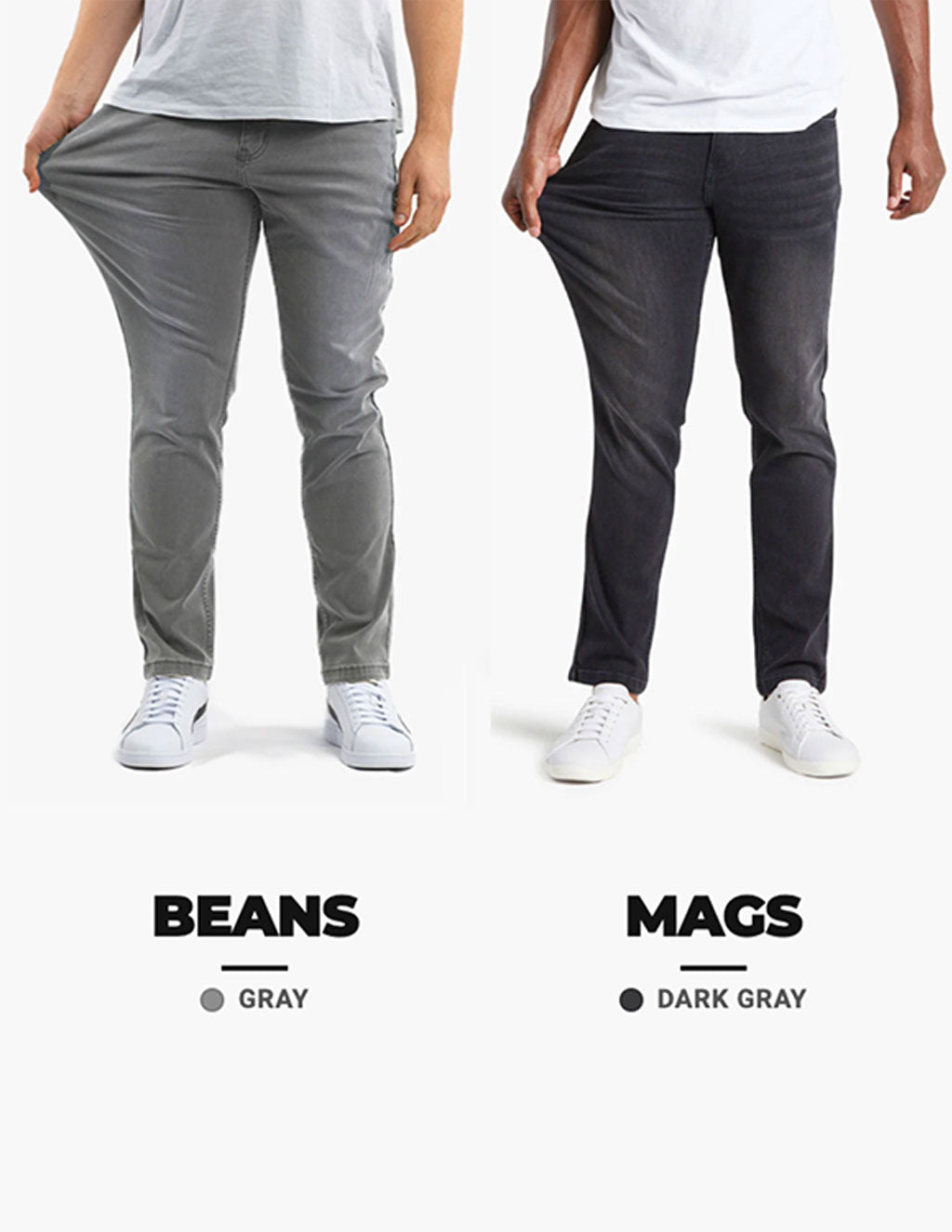 Front view of Weekend 2-Pack jeans showing gray Beans and dark gray Mags on a white background, models pulling fabric to show stretch
