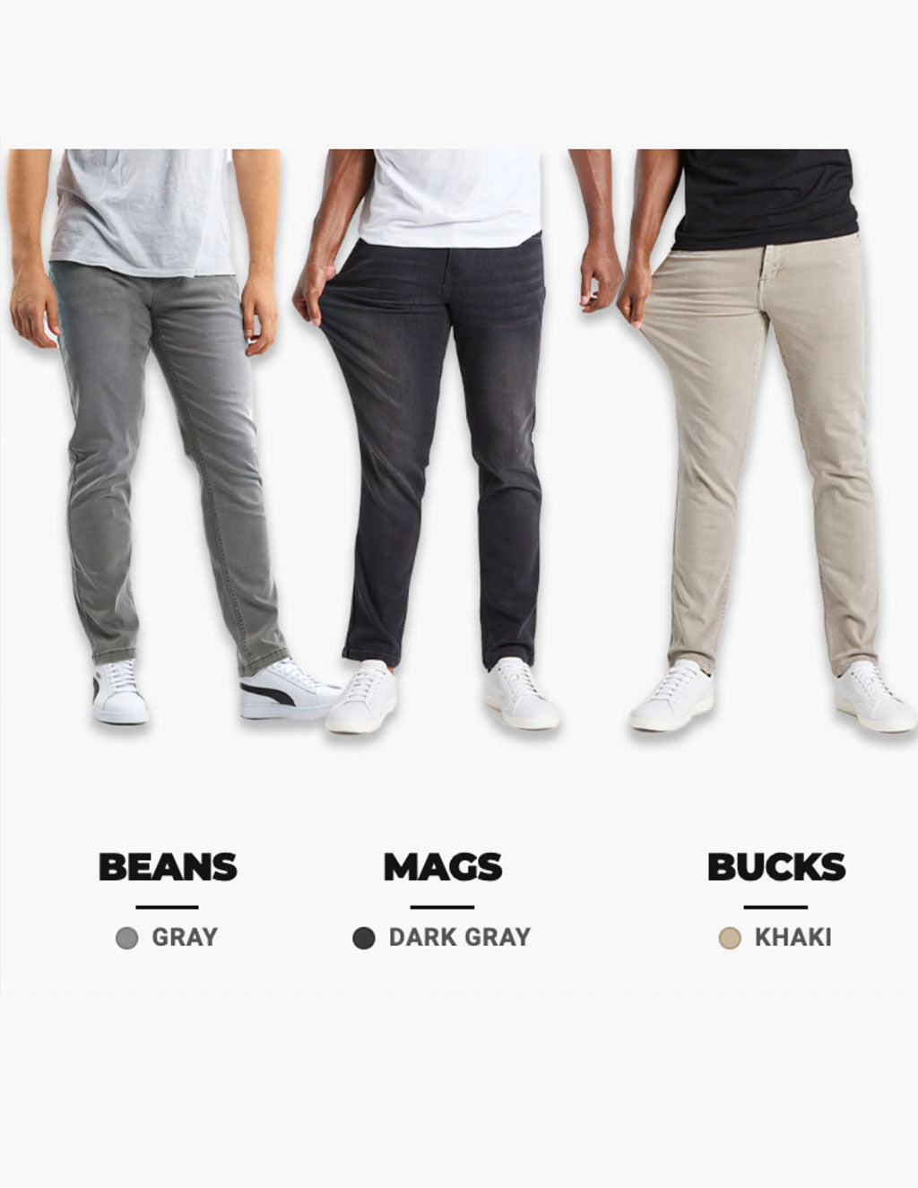 Front view of Weekend Jeans 3-pack on models showcasing Beans (gray), Mags (dark gray), and Bucks (khaki) against a white background