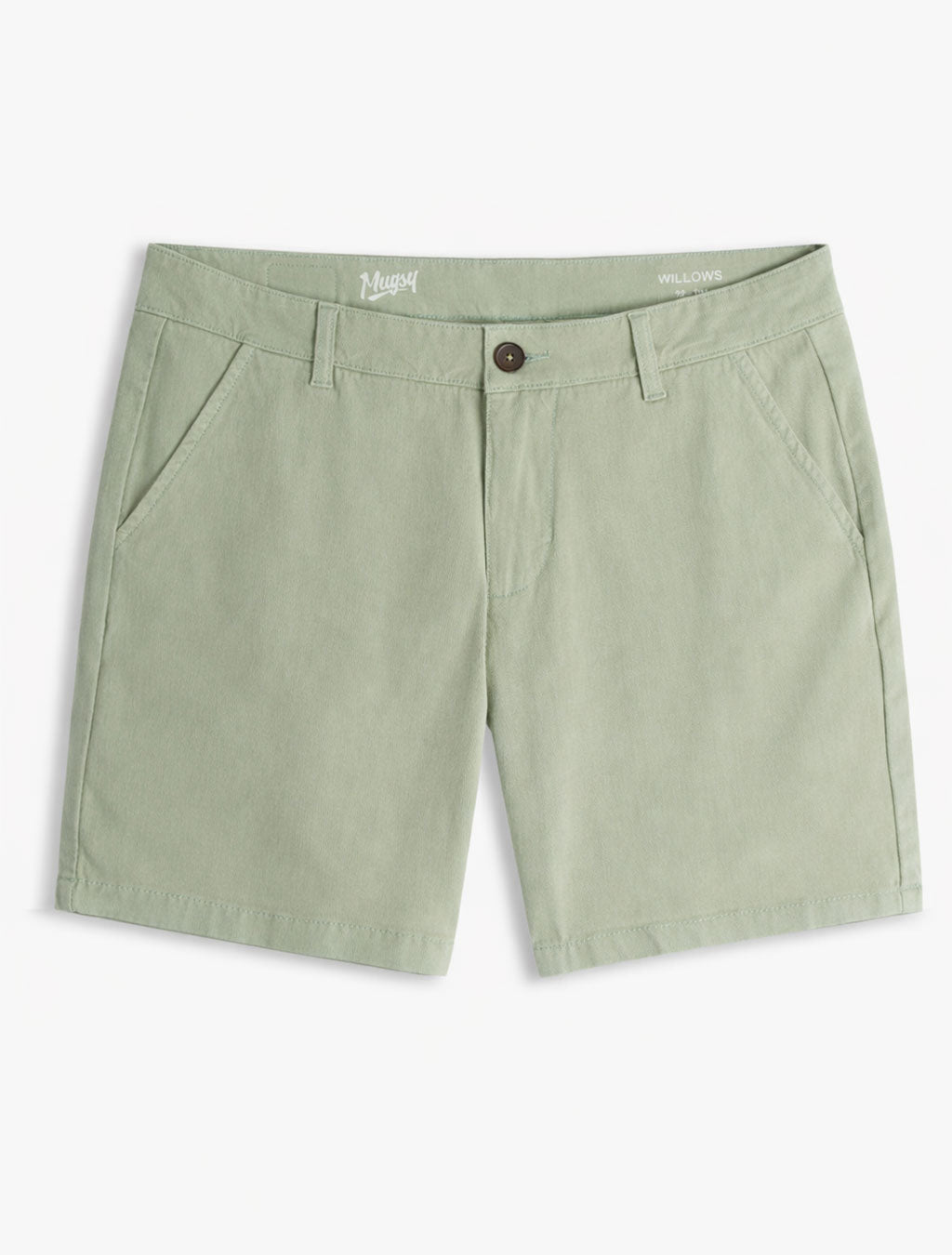 Front flat lay of Willows chino shorts in sage green showing flat front, side pockets, and button closure on light gray background