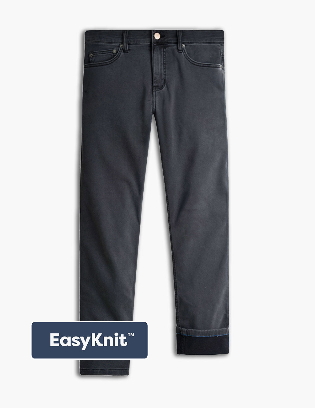 Front flat lay of Willys EasyKnit jeans showcasing knit denim stretch fabric and cuffed hem on light gray background
