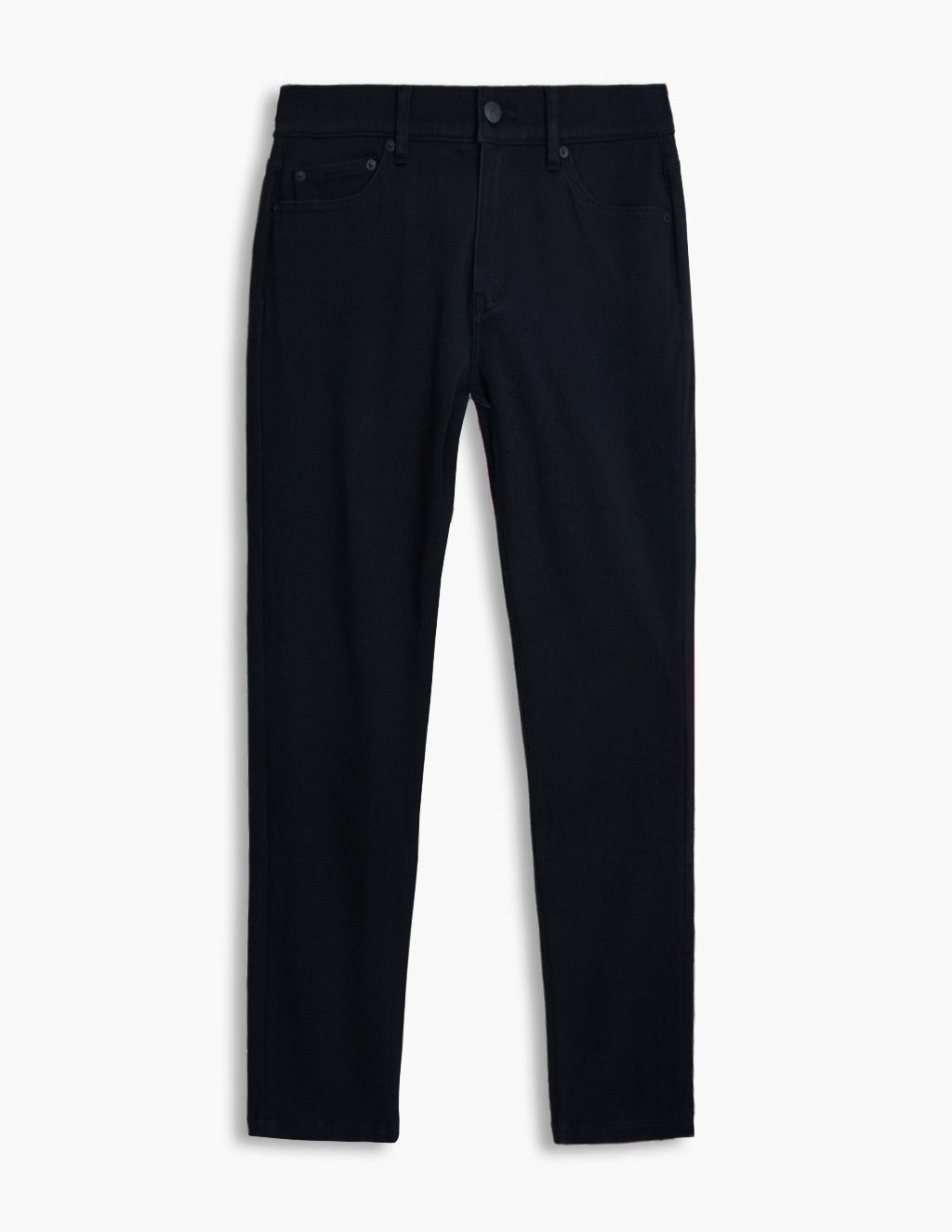 Black slim-fit jeans with five pockets and button waist, full-length on white background.
