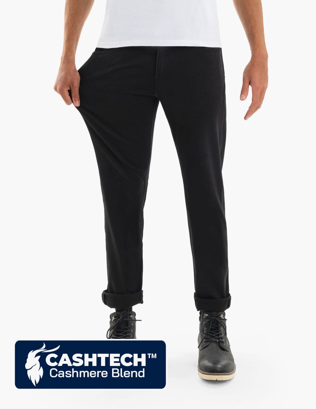 Black cashmere-blend pants being stretched at thigh, with 'CASHTECH™ Cashmere Blend' logo.