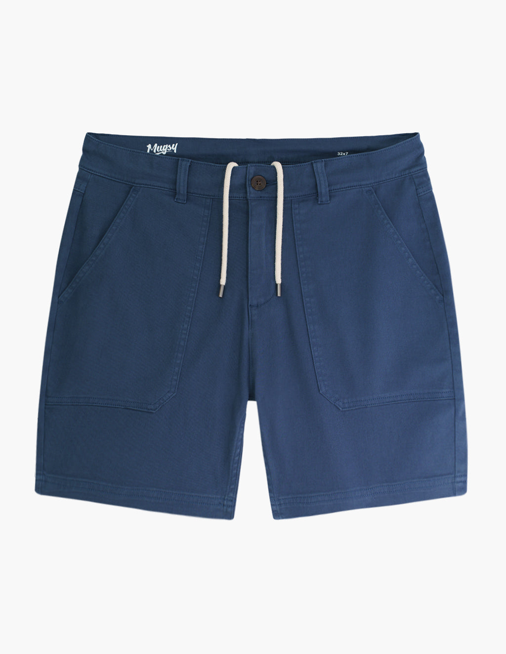 Front view of Twill Drawstring Shorts in Atlantics blue showcasing drawstring waistband and patch front pockets on white background