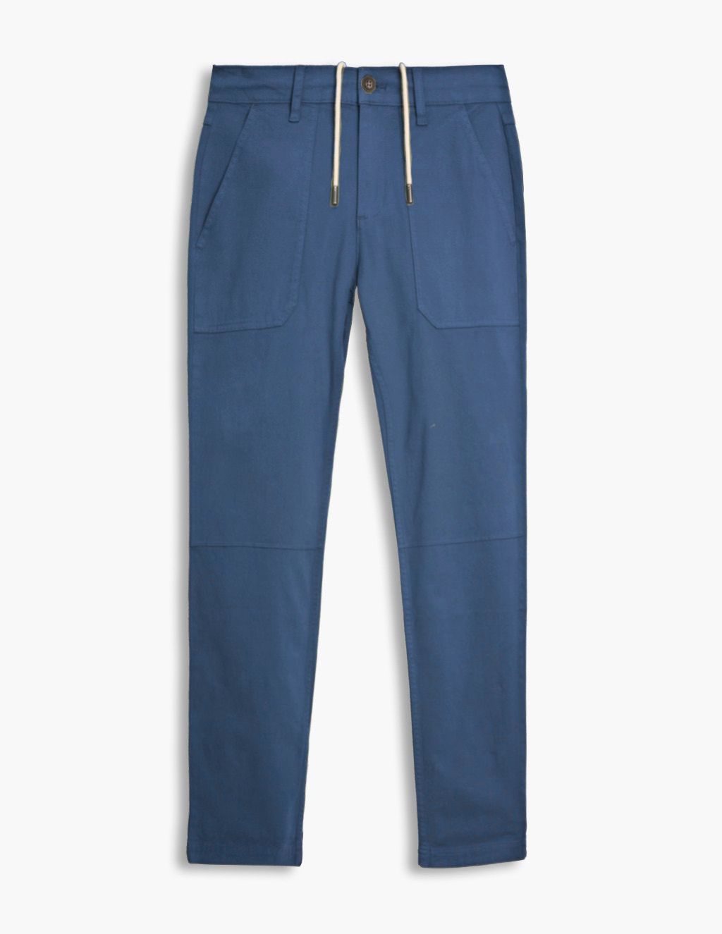 Front view of Twill Drawstring Pants in Atlantics blue showing drawstring waist with metal aglets, front patch pockets, tapered legs