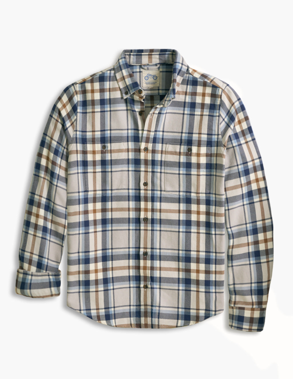 Men's long-sleeve plaid button-down shirt in blue, tan, and white; label reads 'Berts'