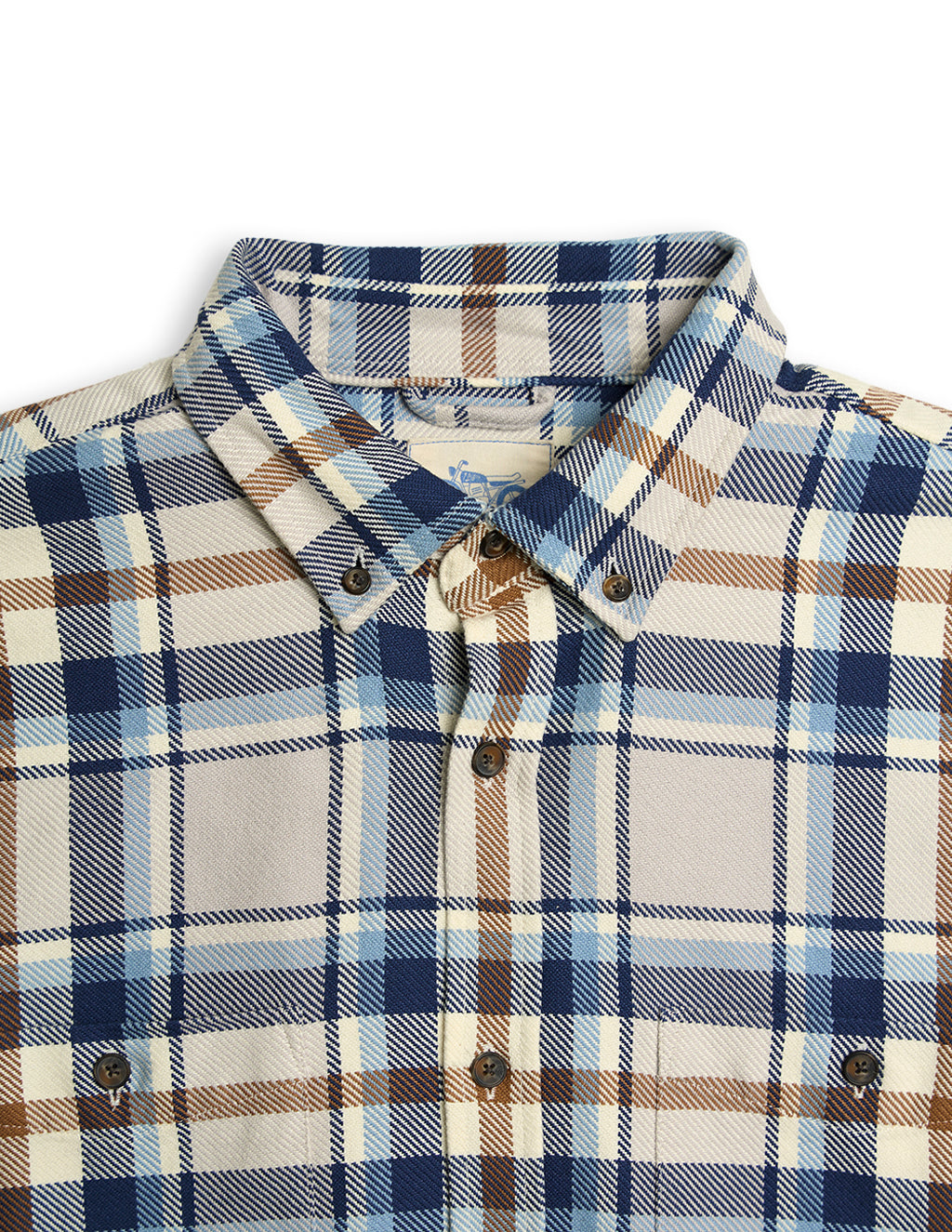 Button-down plaid shirt collar and upper chest, blue, cream and brown checks with buttoned chest pockets