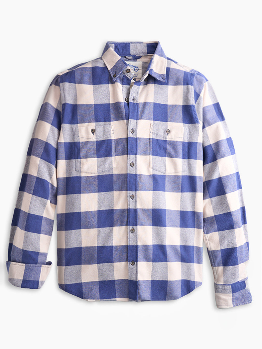 Blue-and-white buffalo-check flannel button-up shirt with long sleeves and two chest pockets