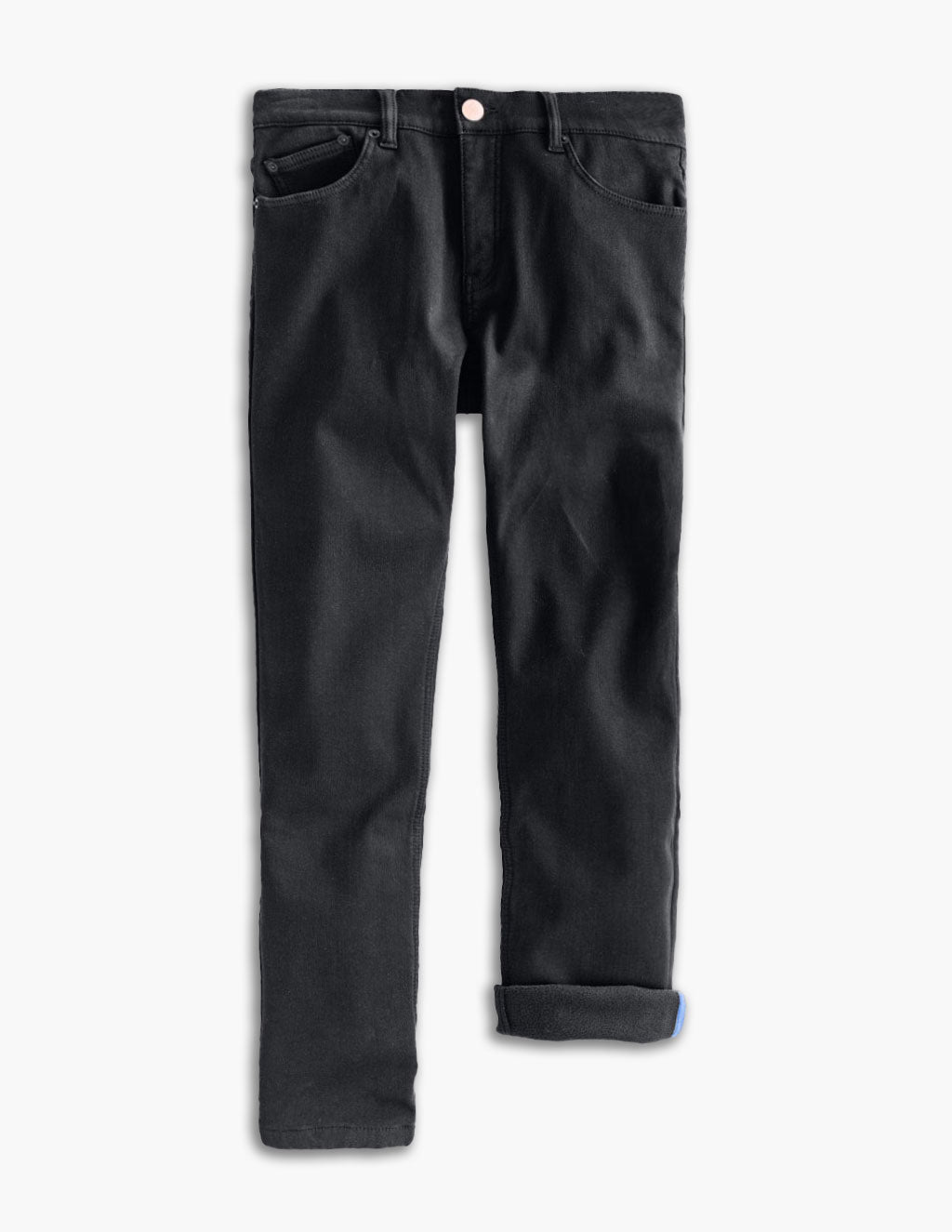Black straight-leg jeans laid flat, front view with five-pocket styling and a single cuff rolled on the right leg.