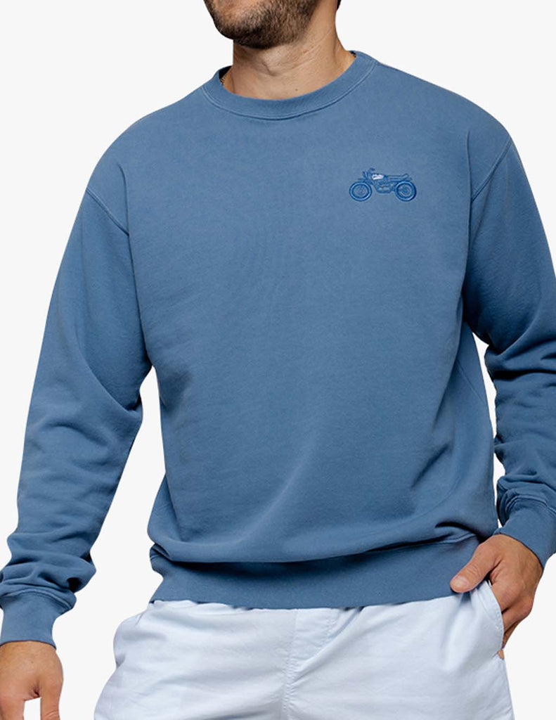 cotton made in america sweatshirt blue motorcycle embroidery