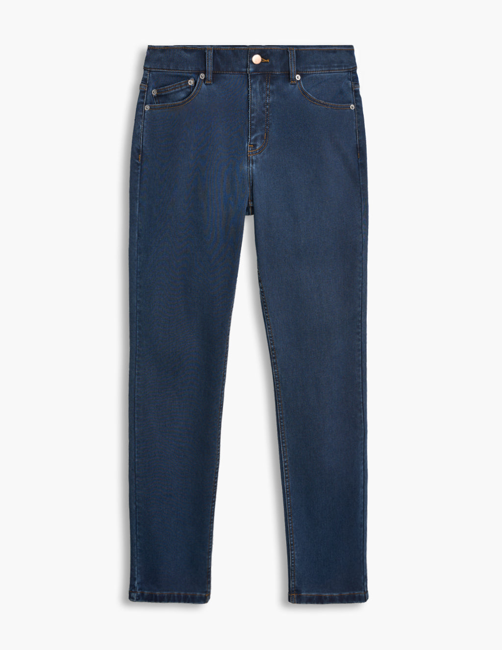 Dark indigo high-rise skinny jeans, front view, five-pocket styling with copper button and rivets.