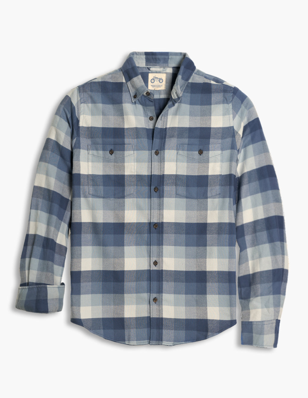 Blue-and-white plaid long-sleeve button-up shirt with two chest pockets; left sleeve cuff rolled.