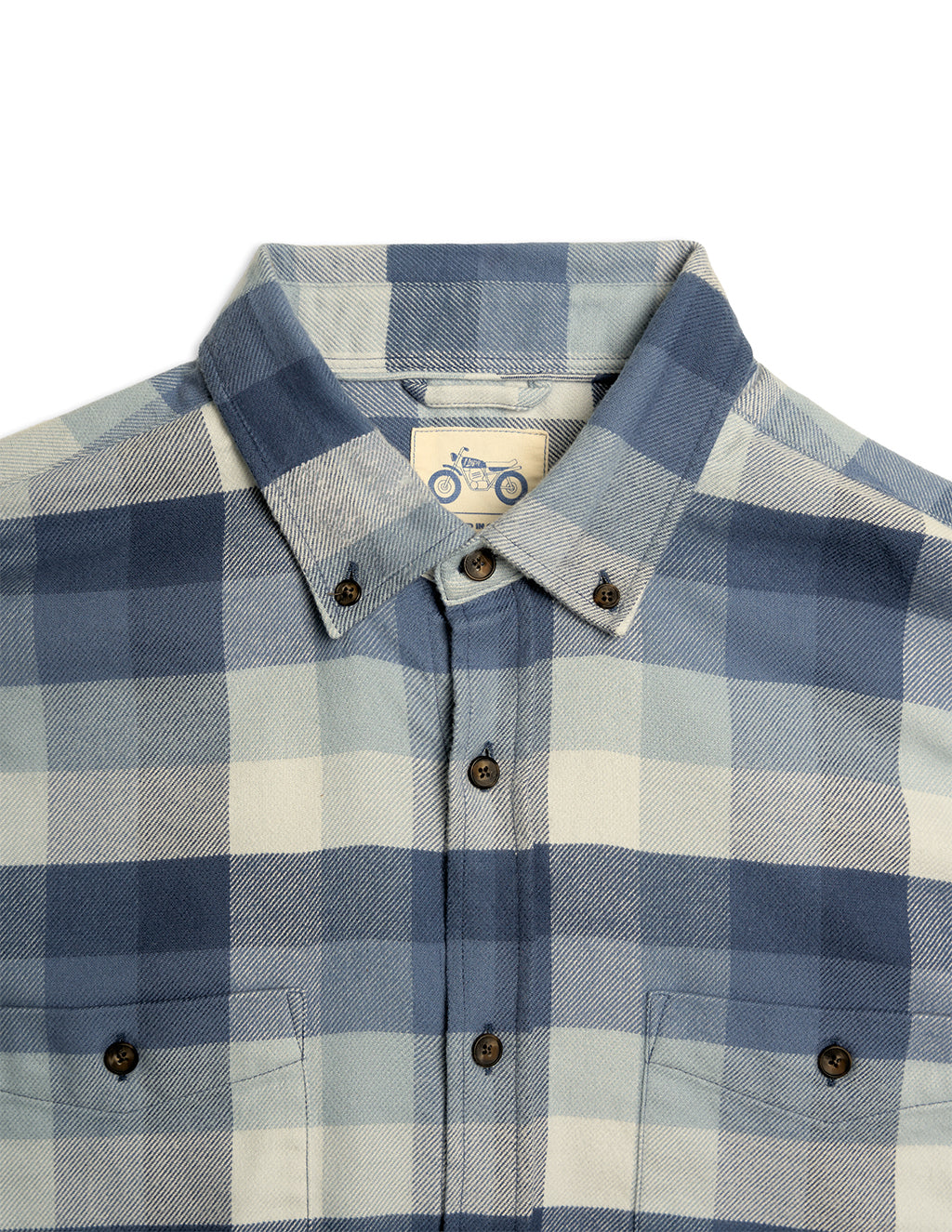 Blue and white plaid shirt collar and front with buttons, chest pockets, and a small motorcycle neck label.