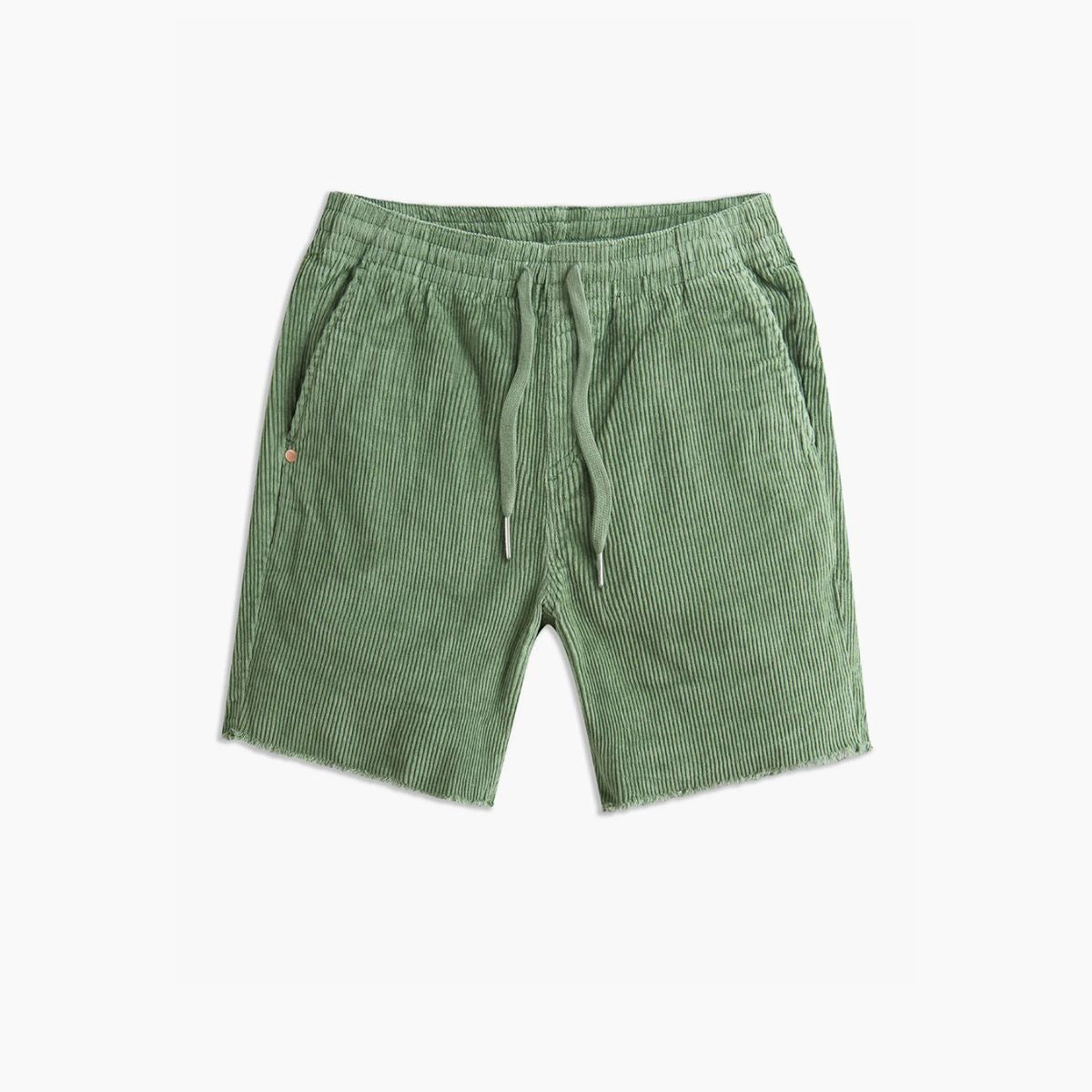 Green corduroy drawstring shorts with side pockets and raw-cut hem