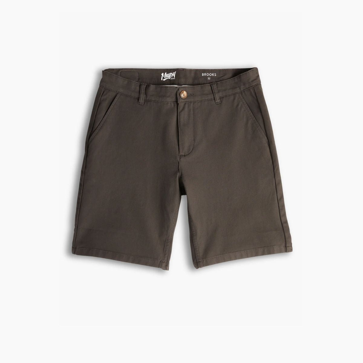 Olive-brown men's chino shorts with front pockets and button waist; interior label reads BROOKS 32.