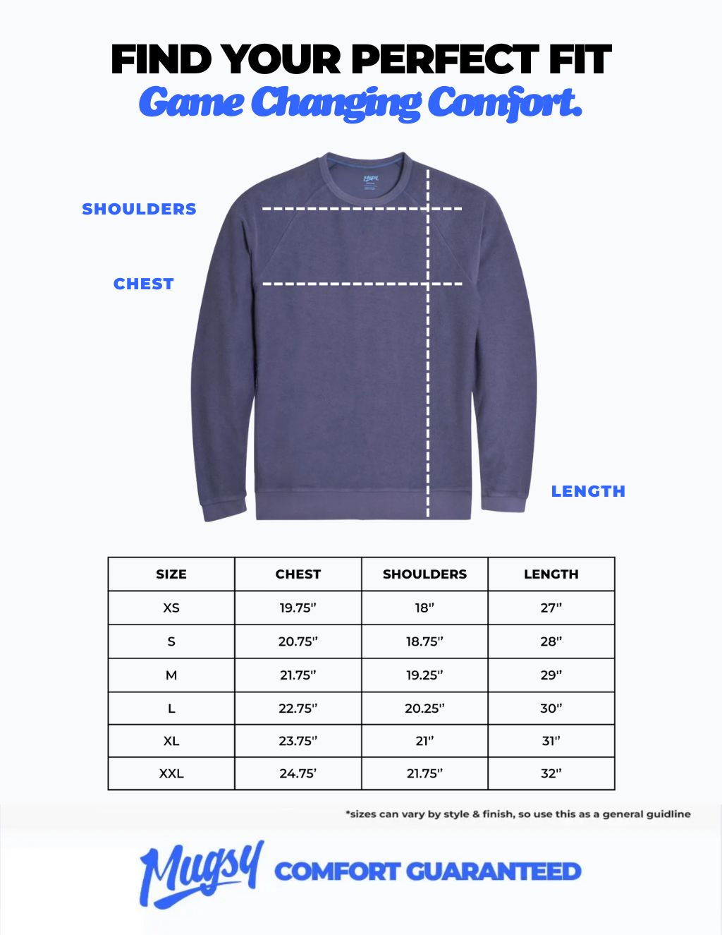 Sweatshirt sizing chart showing chest, shoulders, and length measurements for sizes XS S M L XL XXL in a table.