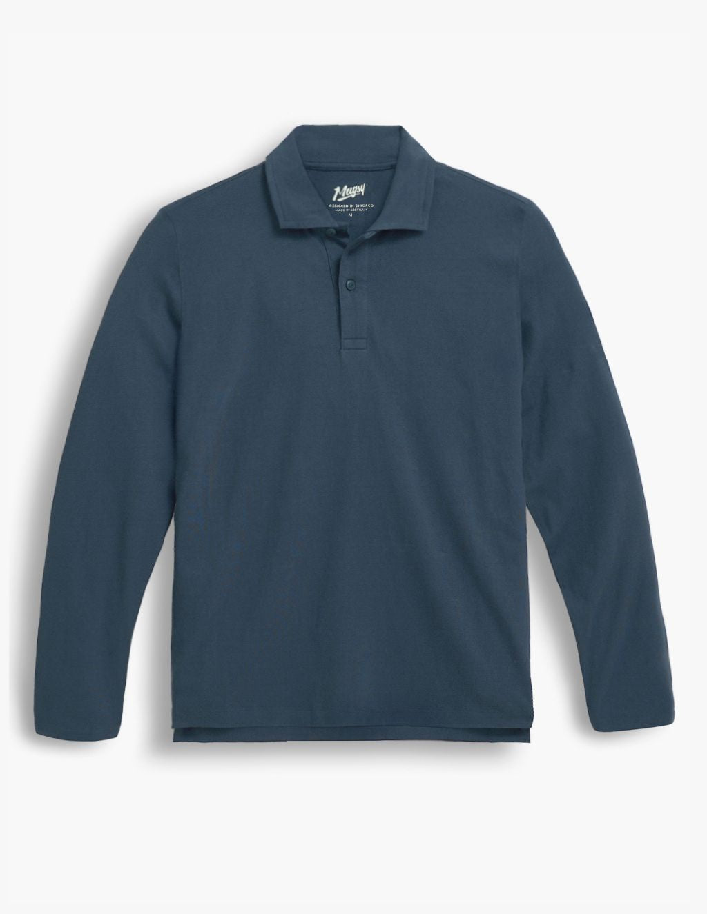 Navy long-sleeve polo shirt laid flat with spread collar and two-button placket.