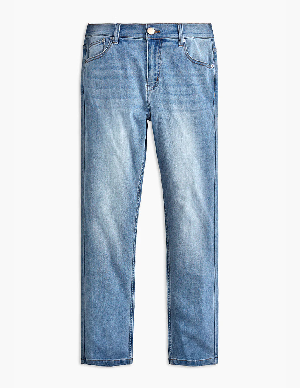 Flat front of Daytonas tapered jeans in vintage light wash showing slim tapered fit and whiskering on white background