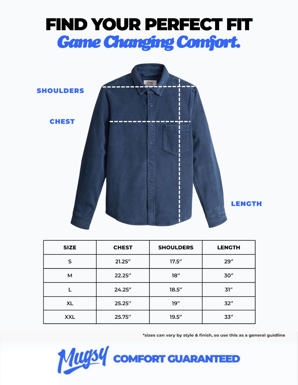 Blue long-sleeve button-down shirt with dashed lines showing shoulders, chest, and length; size chart below for S–XXL.
