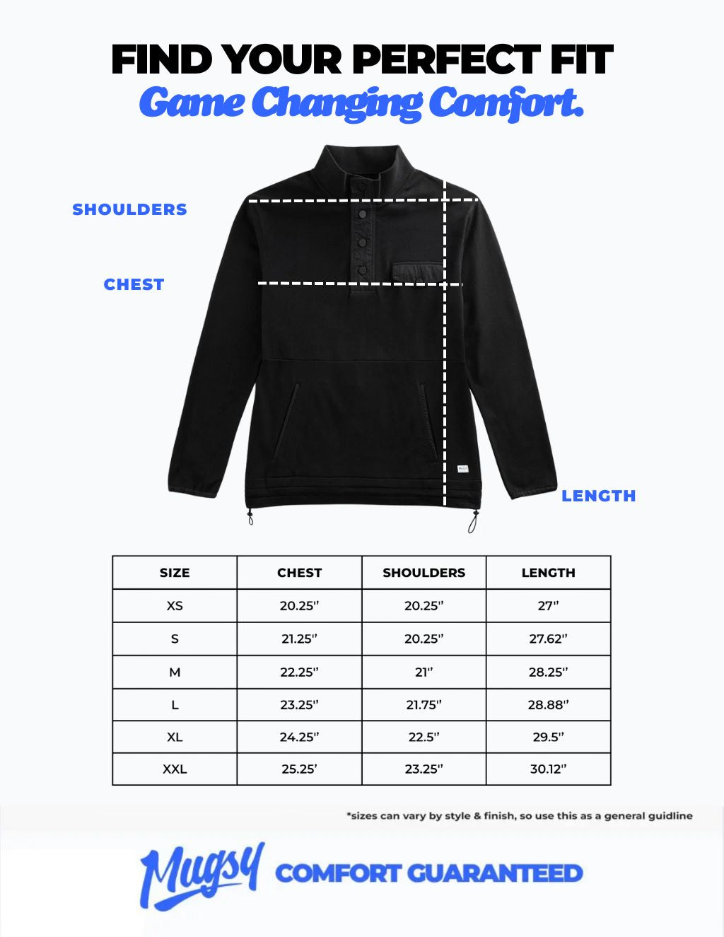 Fit guide: black pullover with dashed shoulder, chest, length lines and size chart (XS–XXL); Mugsy comfort guarantee.