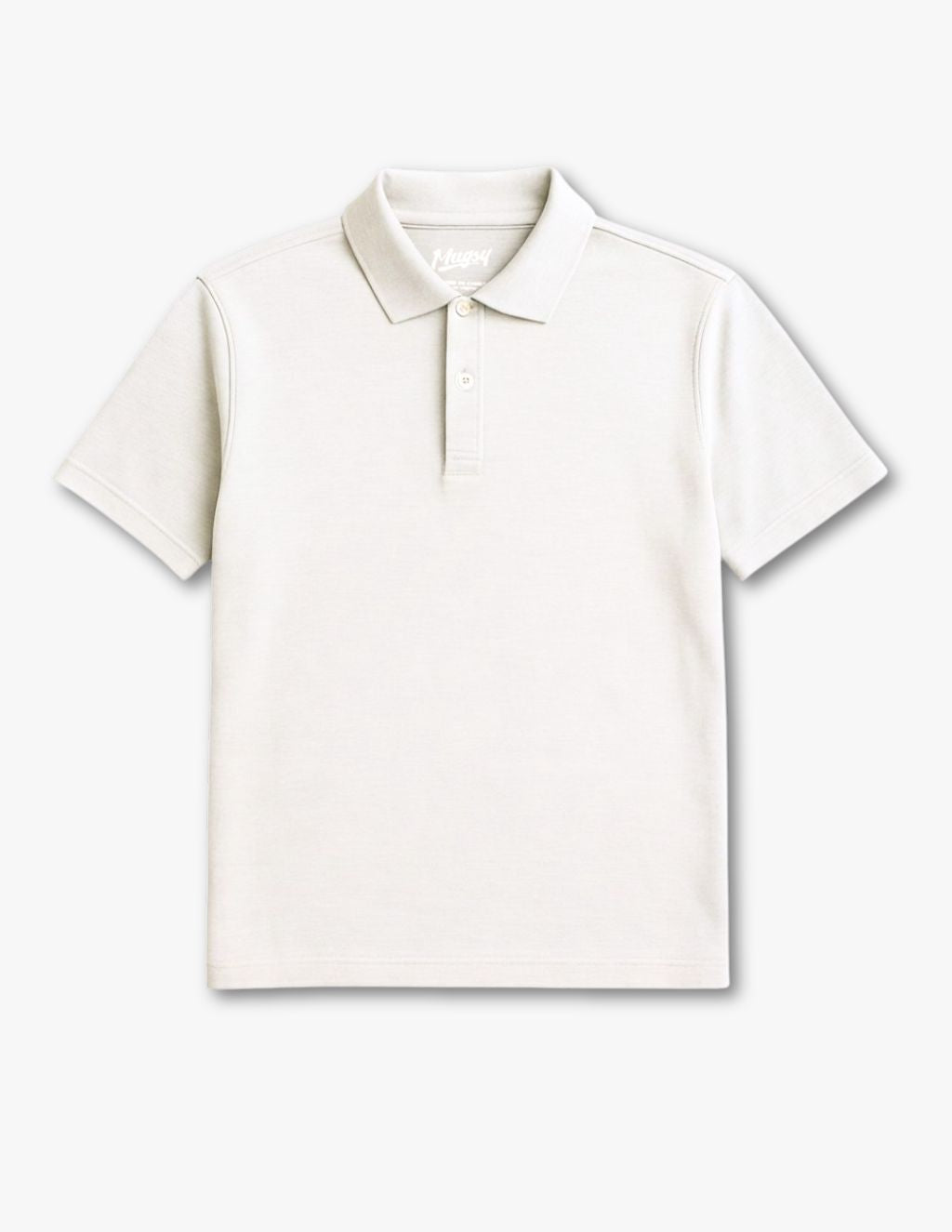 Off-white short-sleeve polo shirt with two-button placket and Mugsy label at collar