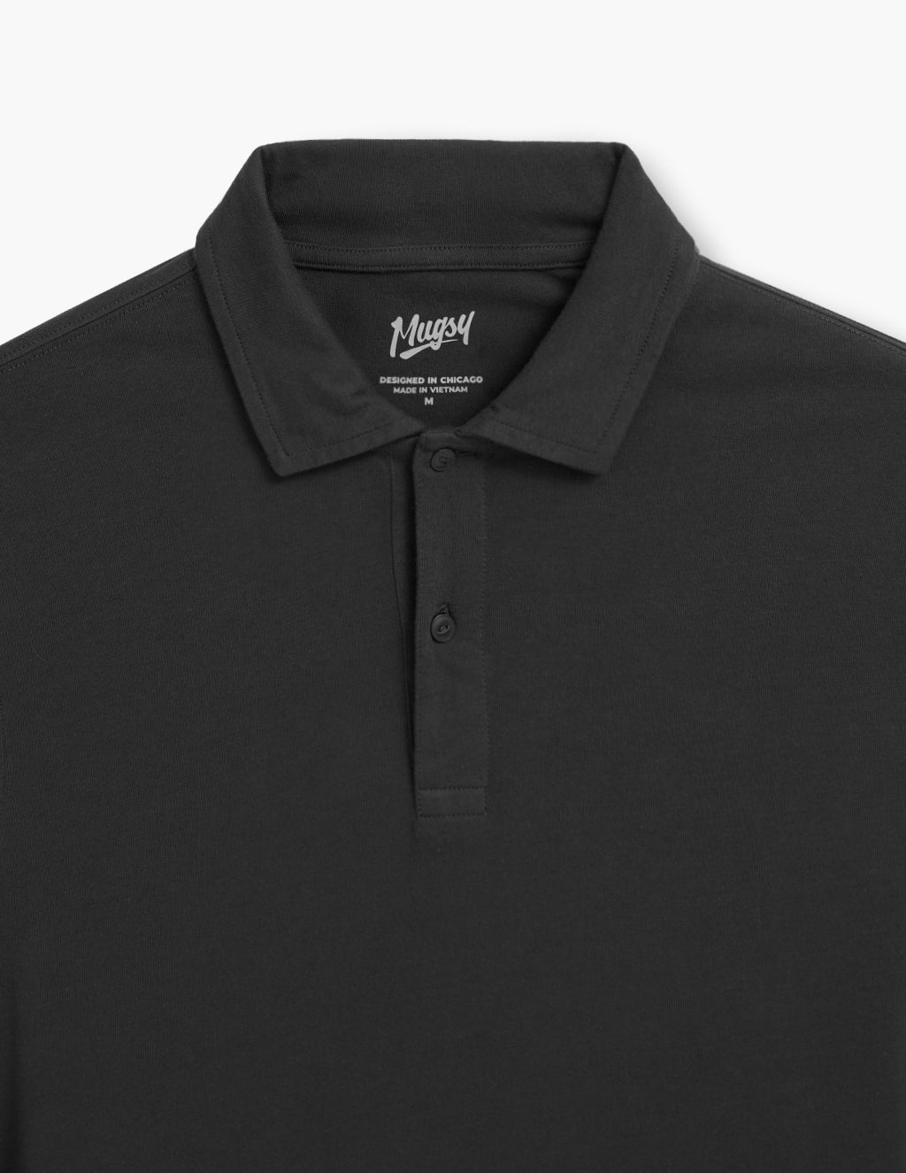 Flat front view of Greyhound long-sleeve polo in dark gray showcasing a clean collar and two-button placket on a white background