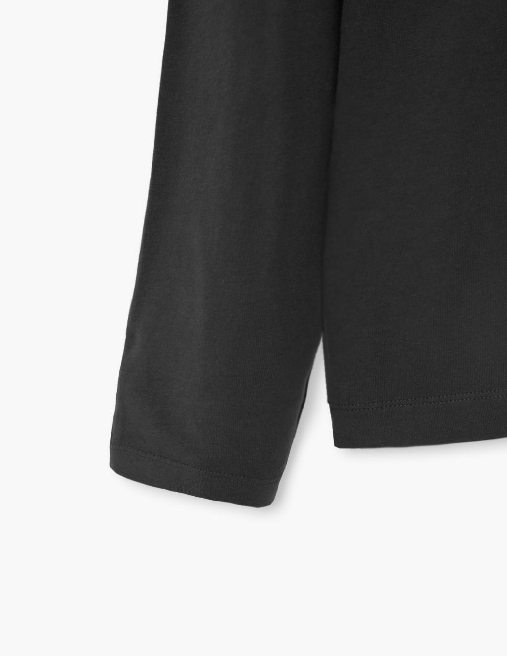 Black long-sleeve T-shirt sleeve and hem on white background, close-up showing fabric texture and stitching.