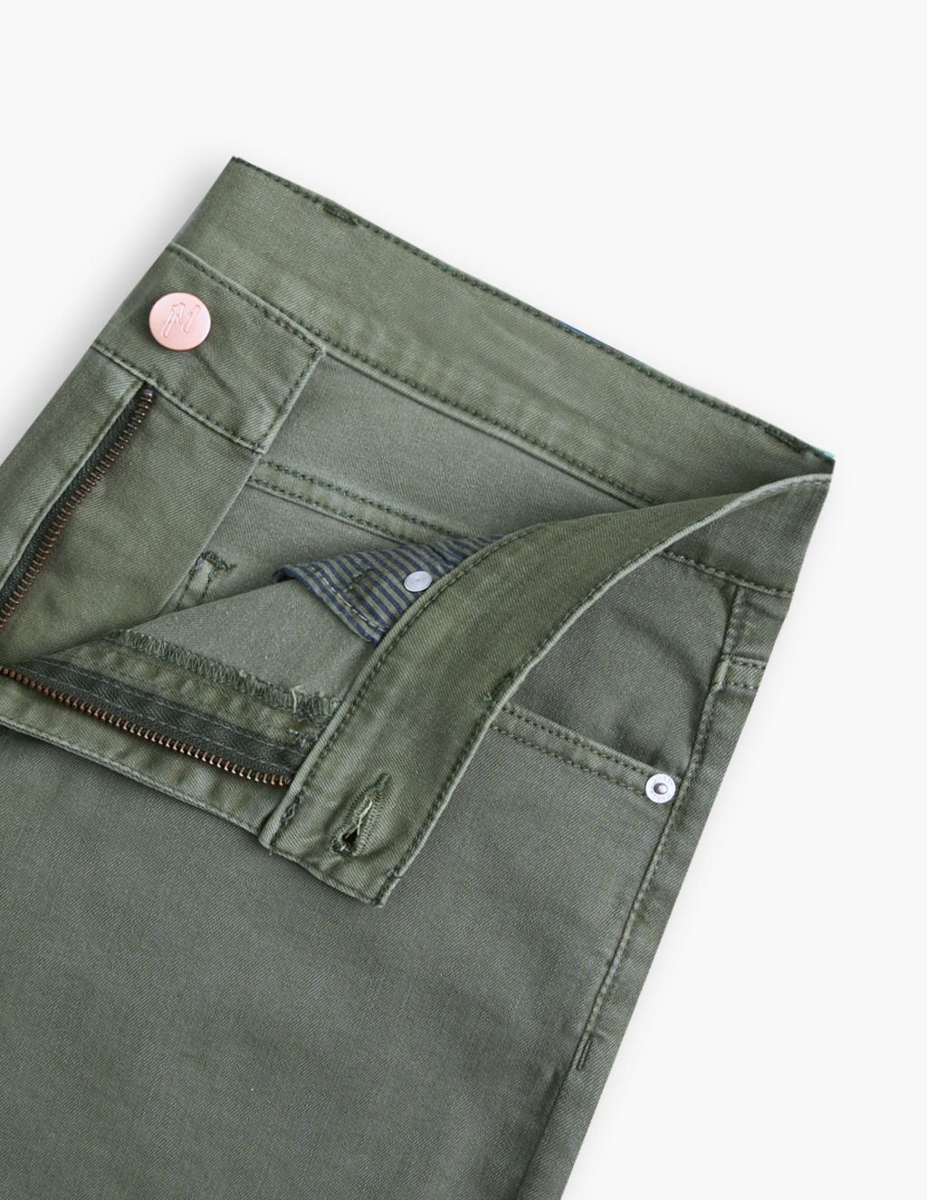Close-up of green pants showing the zipper, button, and waistband details.