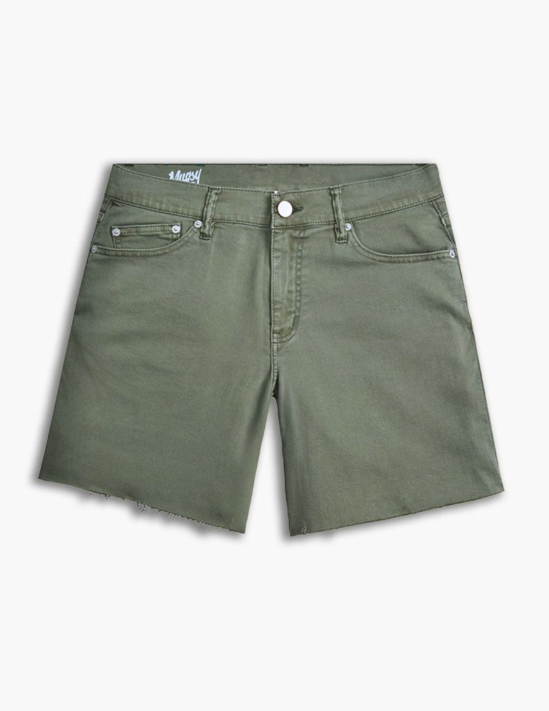 Green denim shorts with raw hem and front pockets